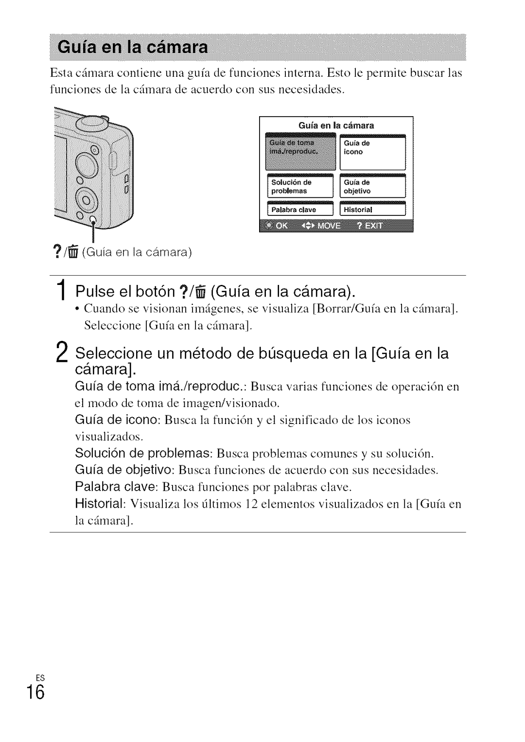 Sony DSC-WXI0 manual Pulse el bot6n ?/9 Gufa en la cfimara, Seleccione un m6todo de btsqueda en la Guia en la cfimara 