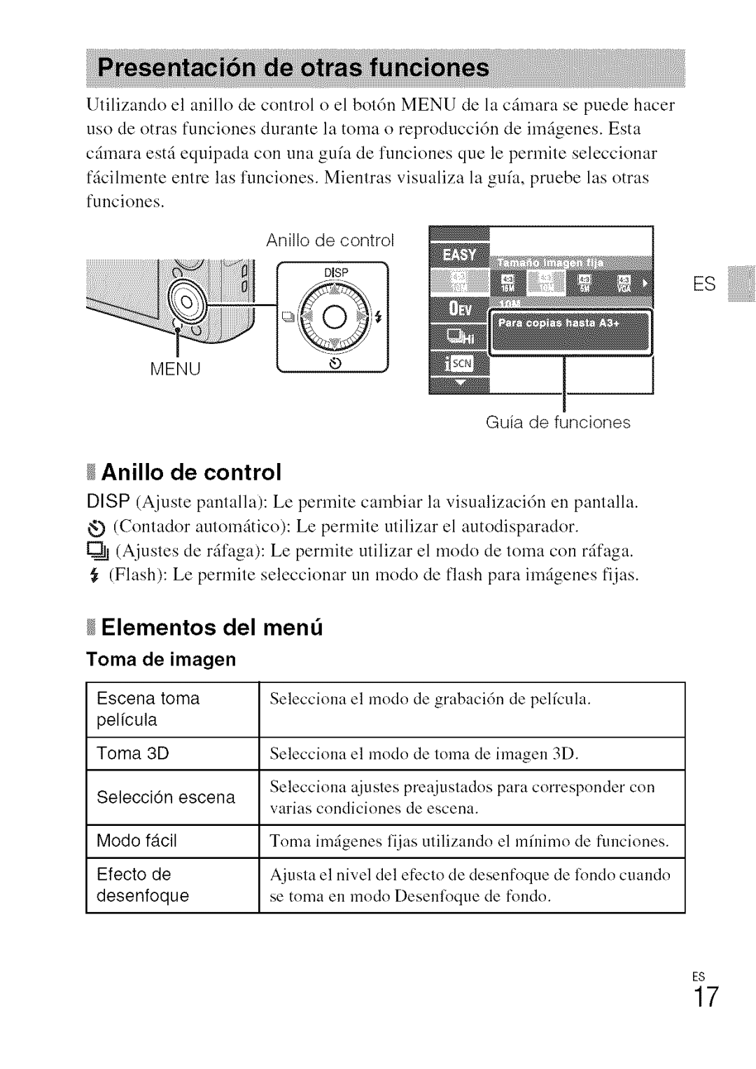 Sony DSC-WXI0 manual Anillo de control, Elementos del mend, Toma De imagen 