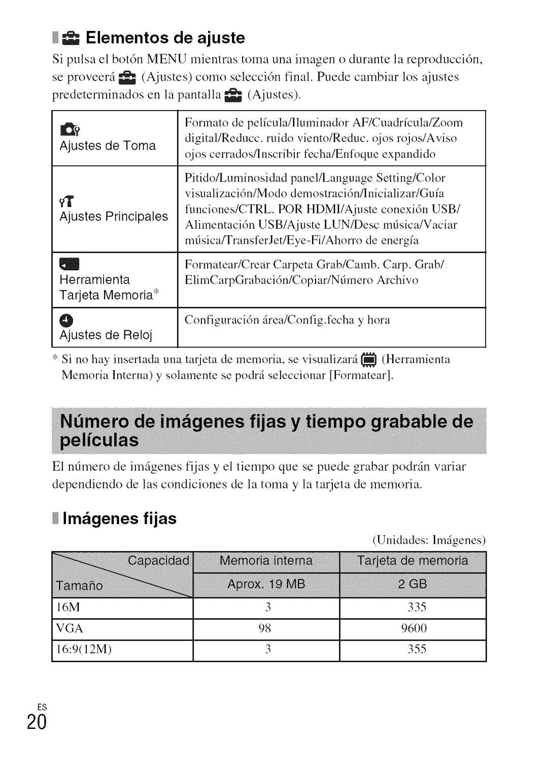 Sony DSC-WXI0 manual Elementos de ajuste, Im&genes, @@iN 