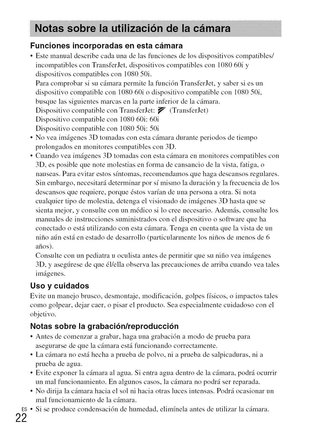 Sony DSC-WXI0 manual Funciones Incorporadas, Uso y cuidados, Notas sobre la grabacibnlreproduccion 