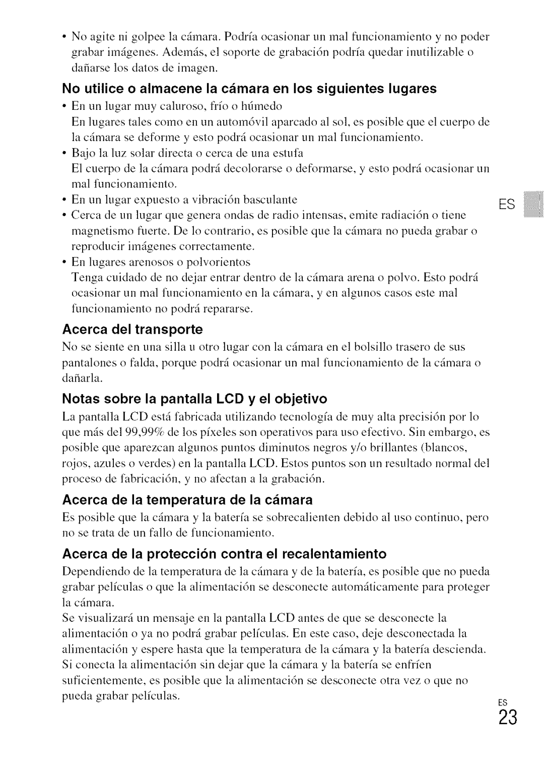 Sony DSC-WXI0 manual No utilice o almacene la camara en los siguientes lugares, Acerca del transporte 