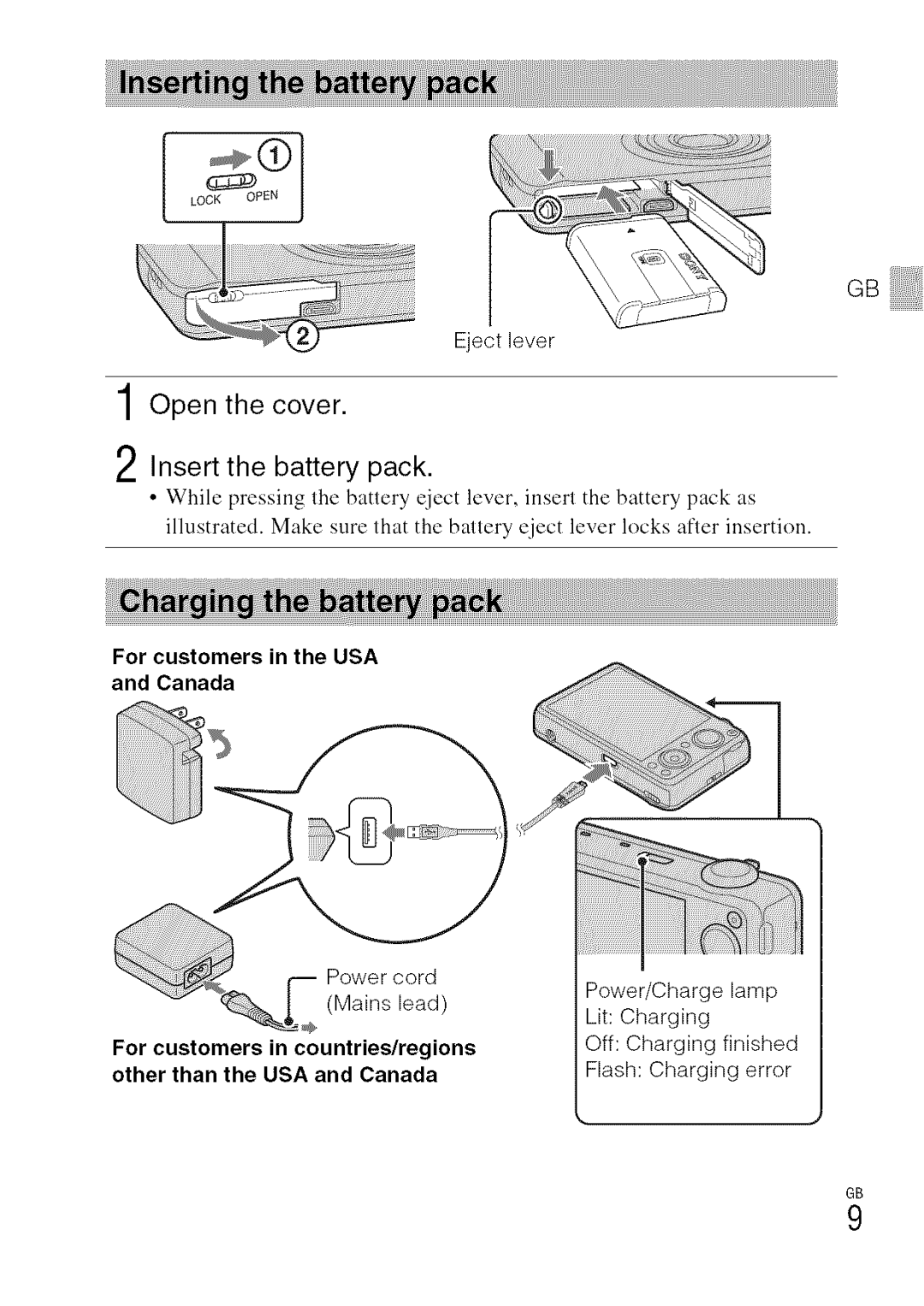 Sony DSC-WXI0 1Open the cover Insert the battery pack, For customers in the USA and Canada, Other than the USA and Canada 