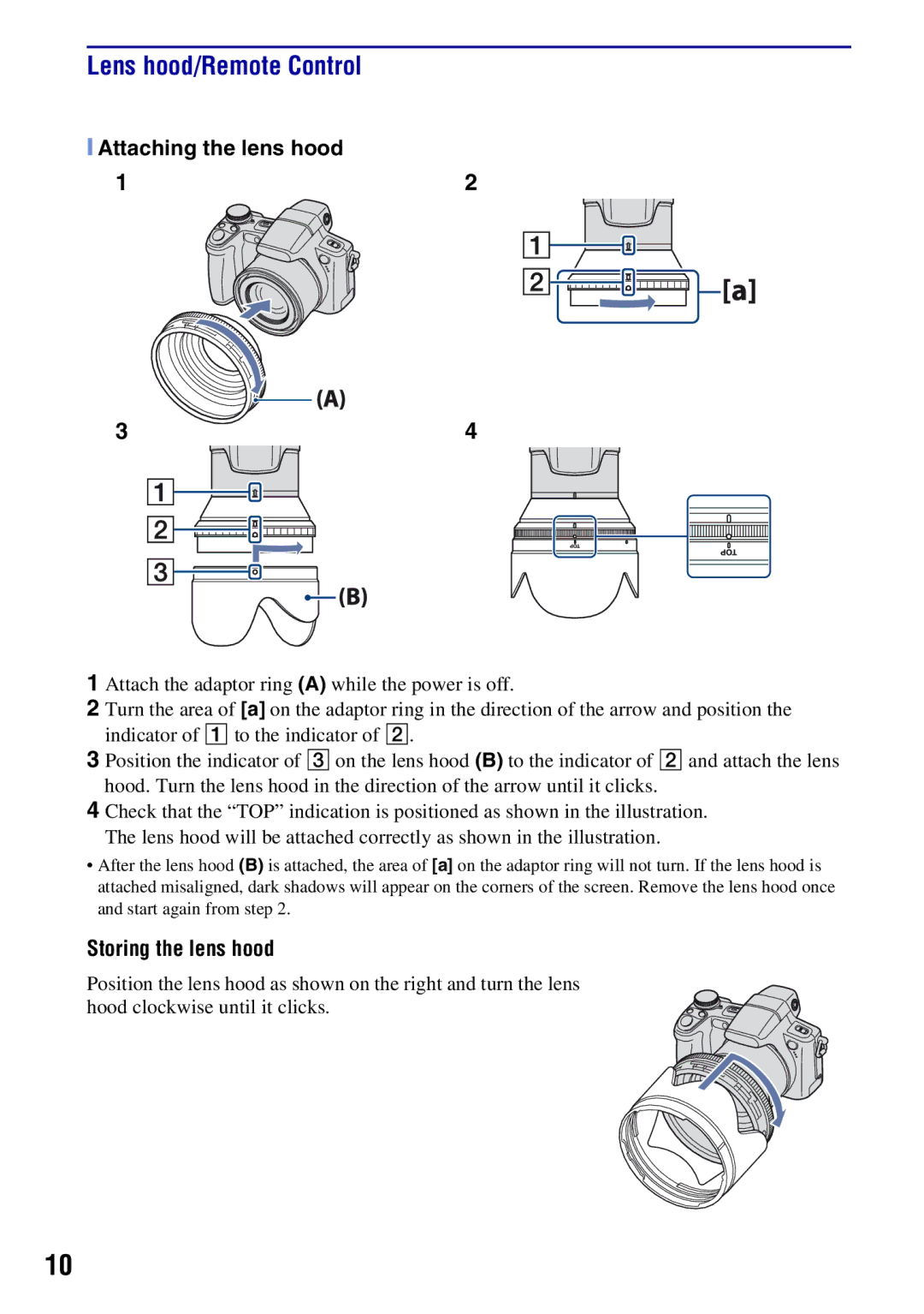 Sony DSCH50B instruction manual Lens hood/Remote Control, Attaching the lens hood, Storing the lens hood 