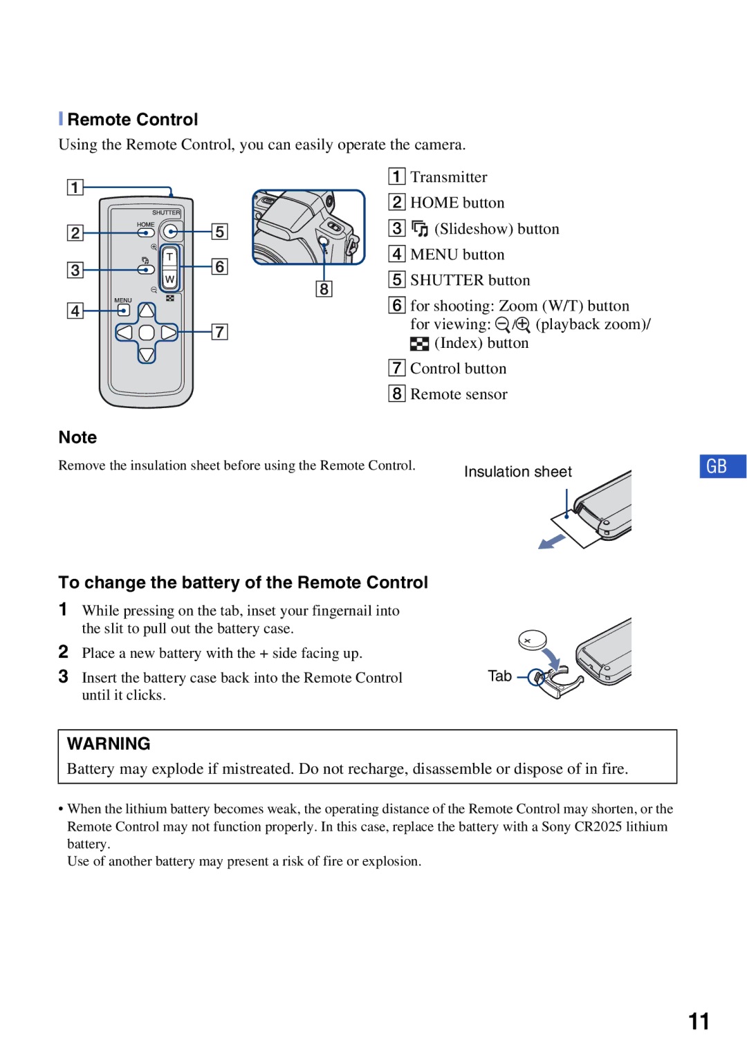 Sony DSCH50B instruction manual To change the battery of the Remote Control 