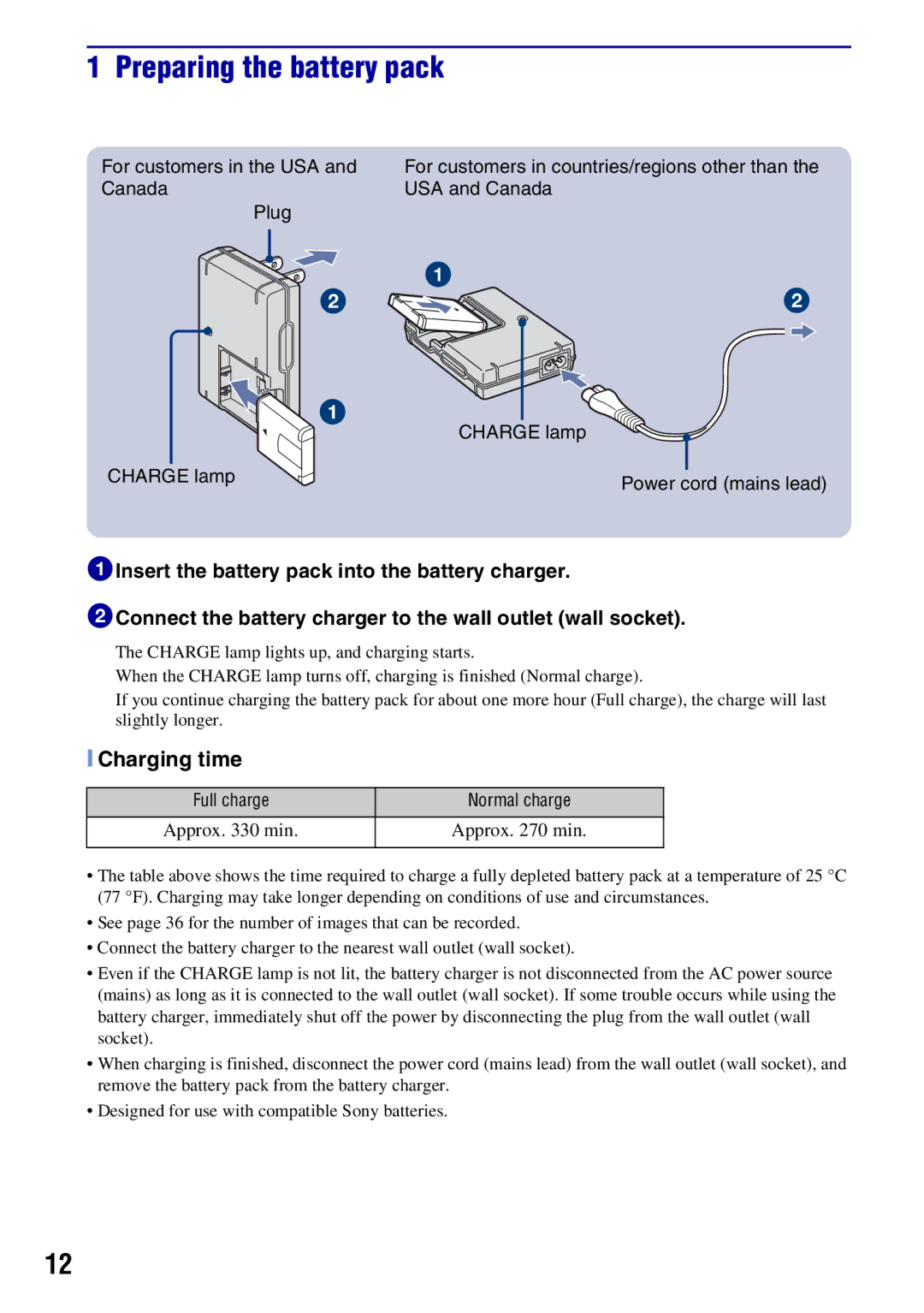 Sony DSCH50B instruction manual Preparing the battery pack, Charging time 