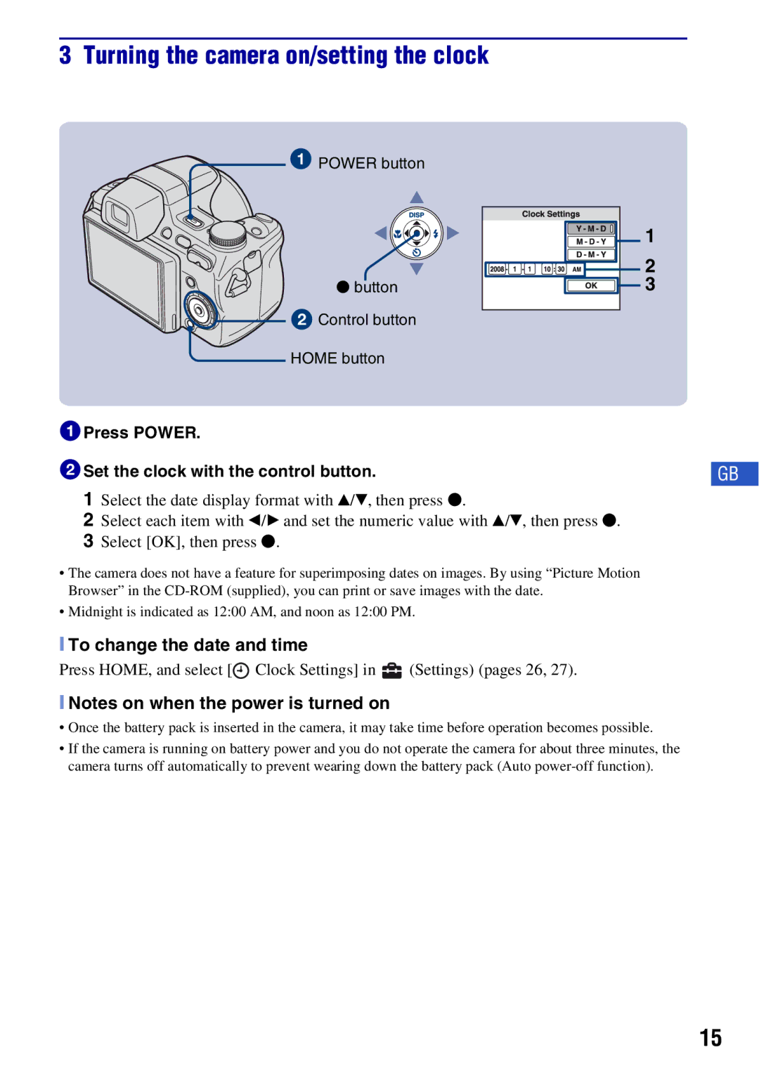 Sony DSCH50B instruction manual 1Press Power 2Set the clock with the control button, To change the date and time 