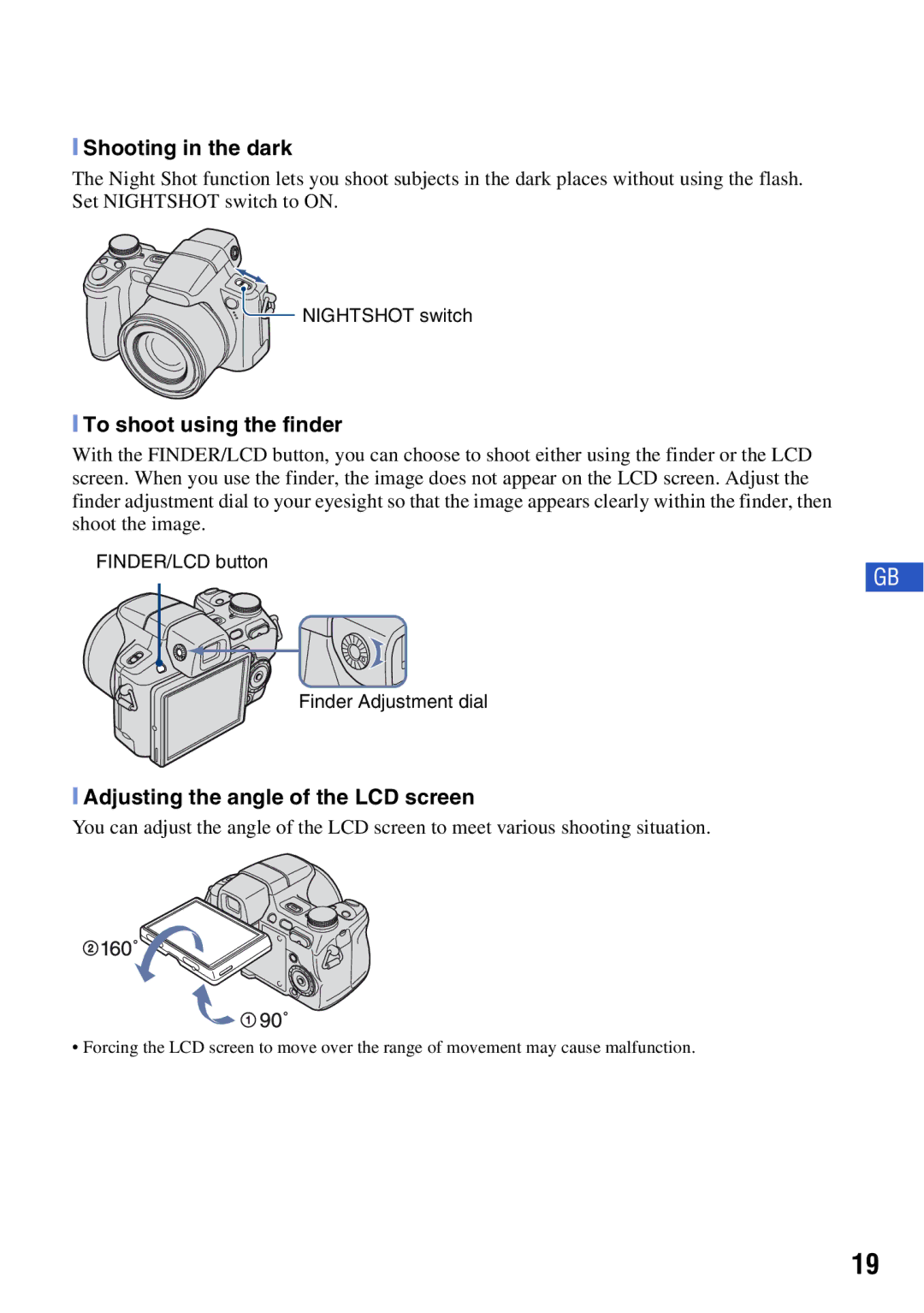 Sony DSCH50B instruction manual Shooting in the dark, To shoot using the finder, Adjusting the angle of the LCD screen 