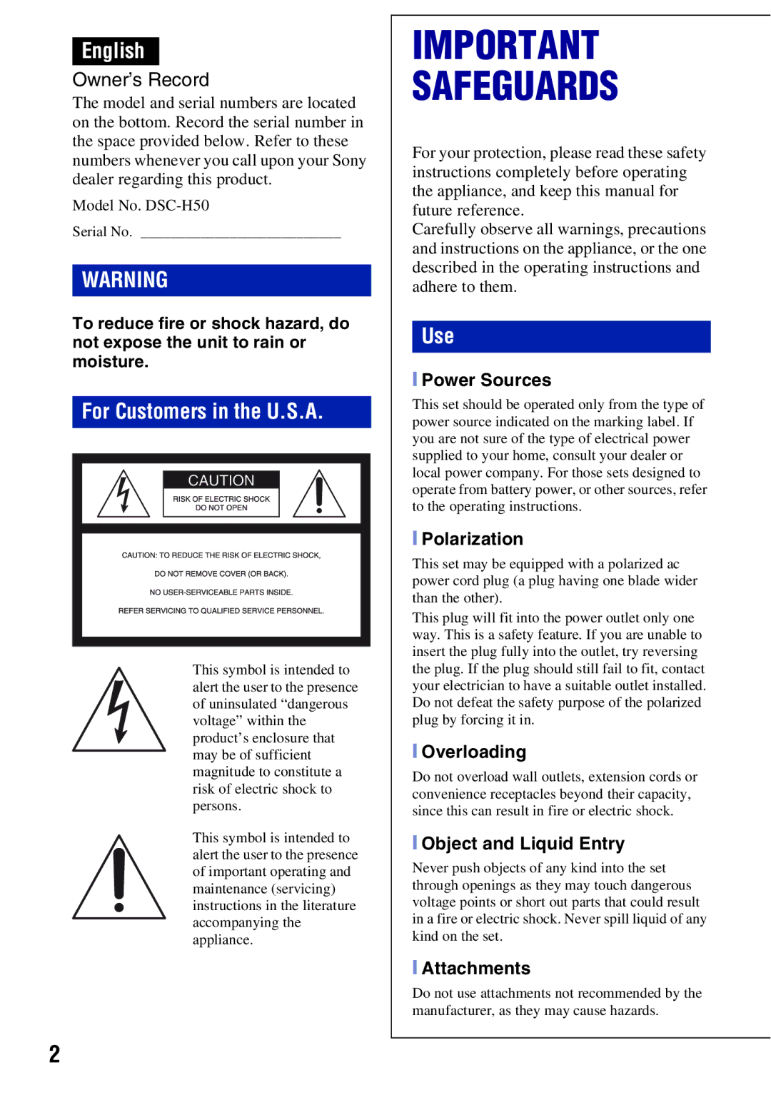 Sony DSCH50B instruction manual English, For Customers in the U.S.A, Use 