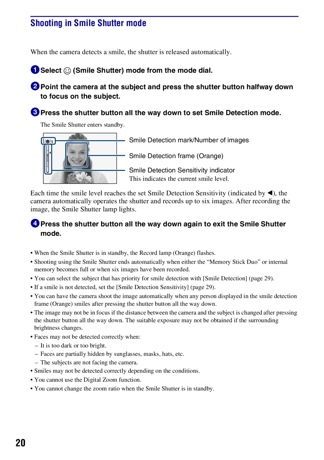 Sony DSCH50B instruction manual Shooting in Smile Shutter mode 