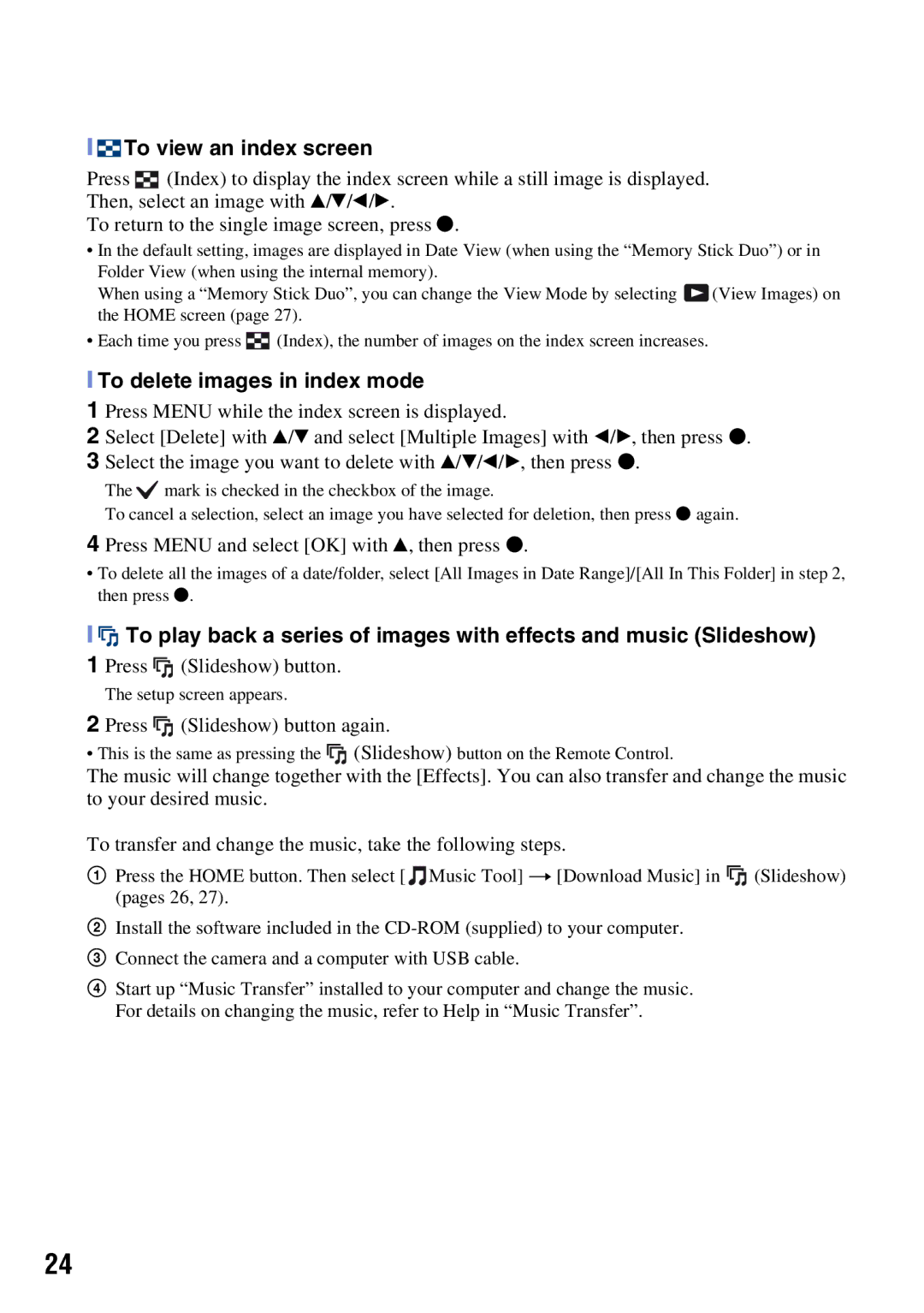 Sony DSCH50B To view an index screen, To delete images in index mode, Press Menu and select OK with v, then press z 