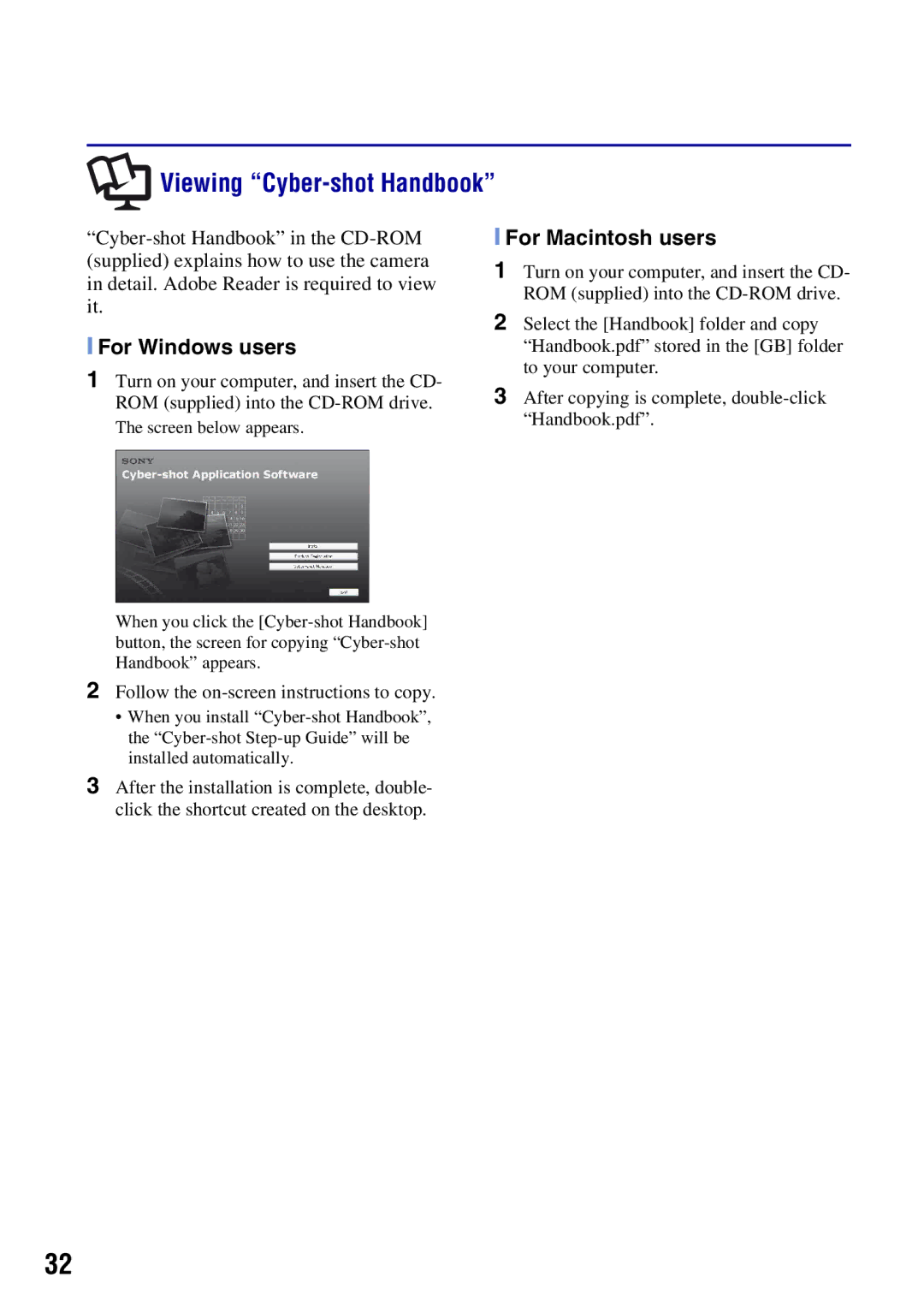 Sony DSCH50B instruction manual Viewing Cyber-shot Handbook, For Windows users, For Macintosh users 