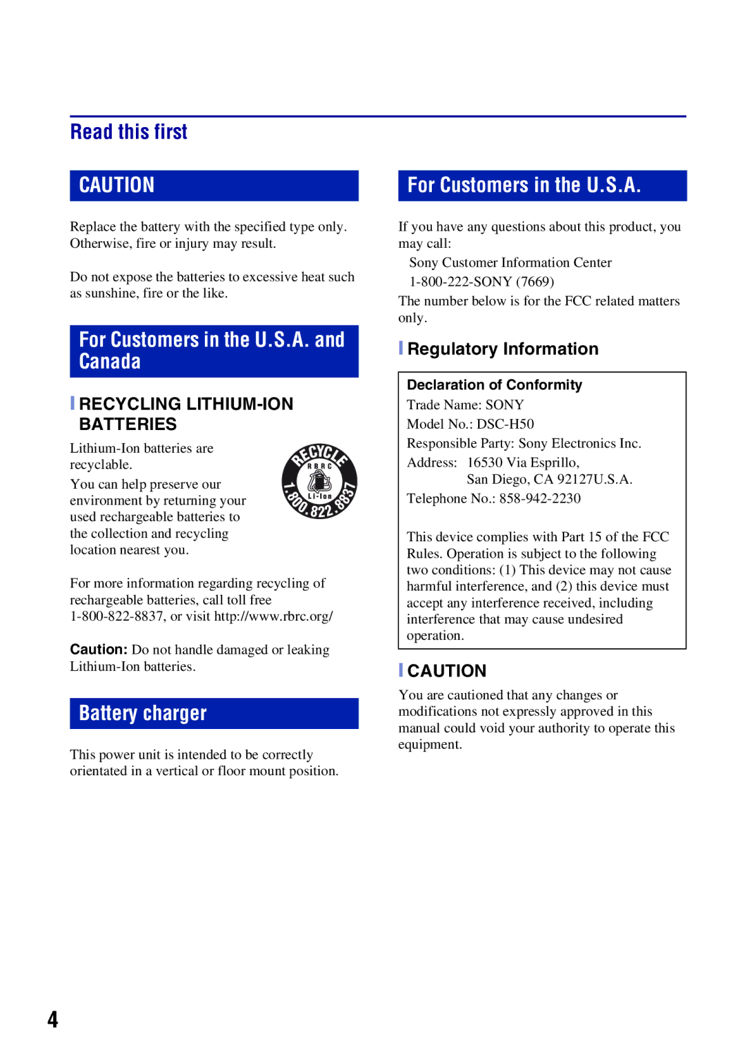 Sony DSCH50B Read this first, For Customers in the U.S.A. and Canada, Battery charger, Regulatory Information 