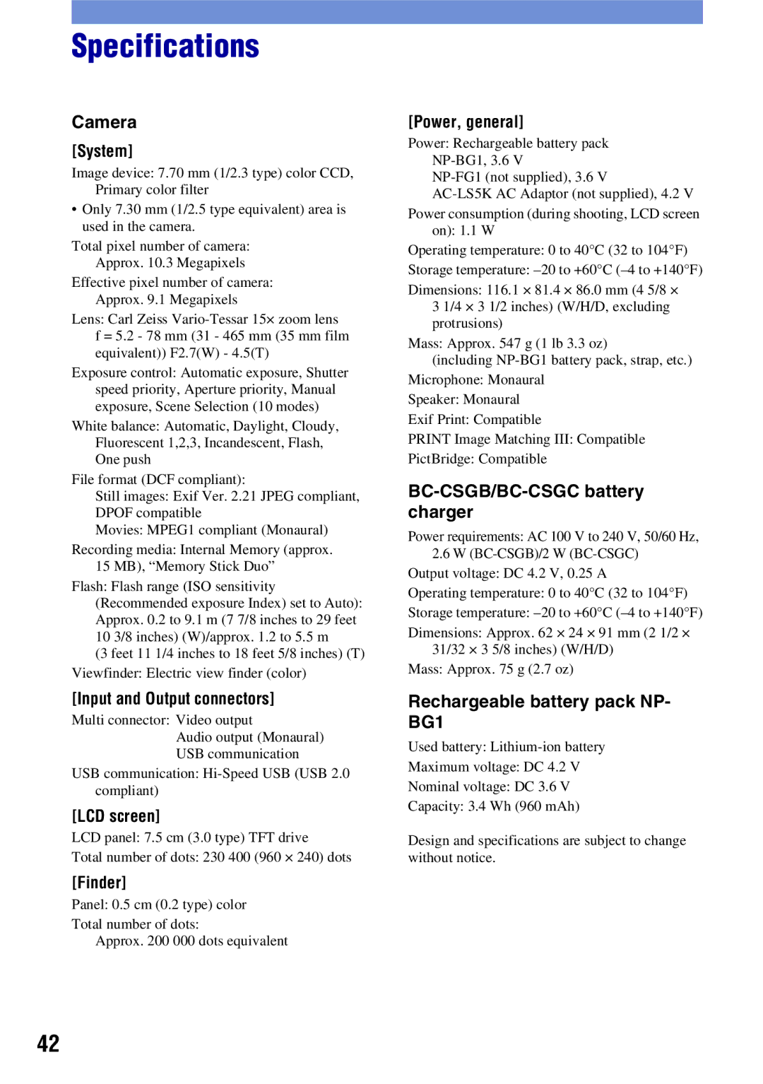 Sony DSCH50B instruction manual Specifications 