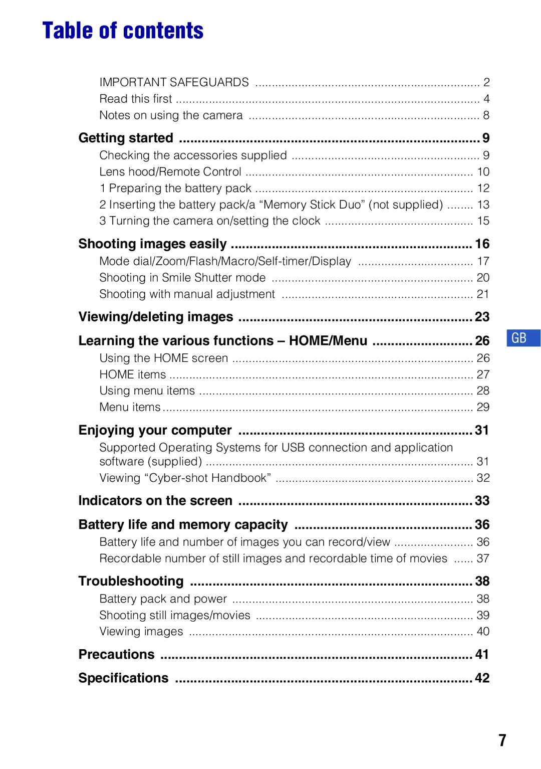 Sony DSCH50B instruction manual Table of contents 