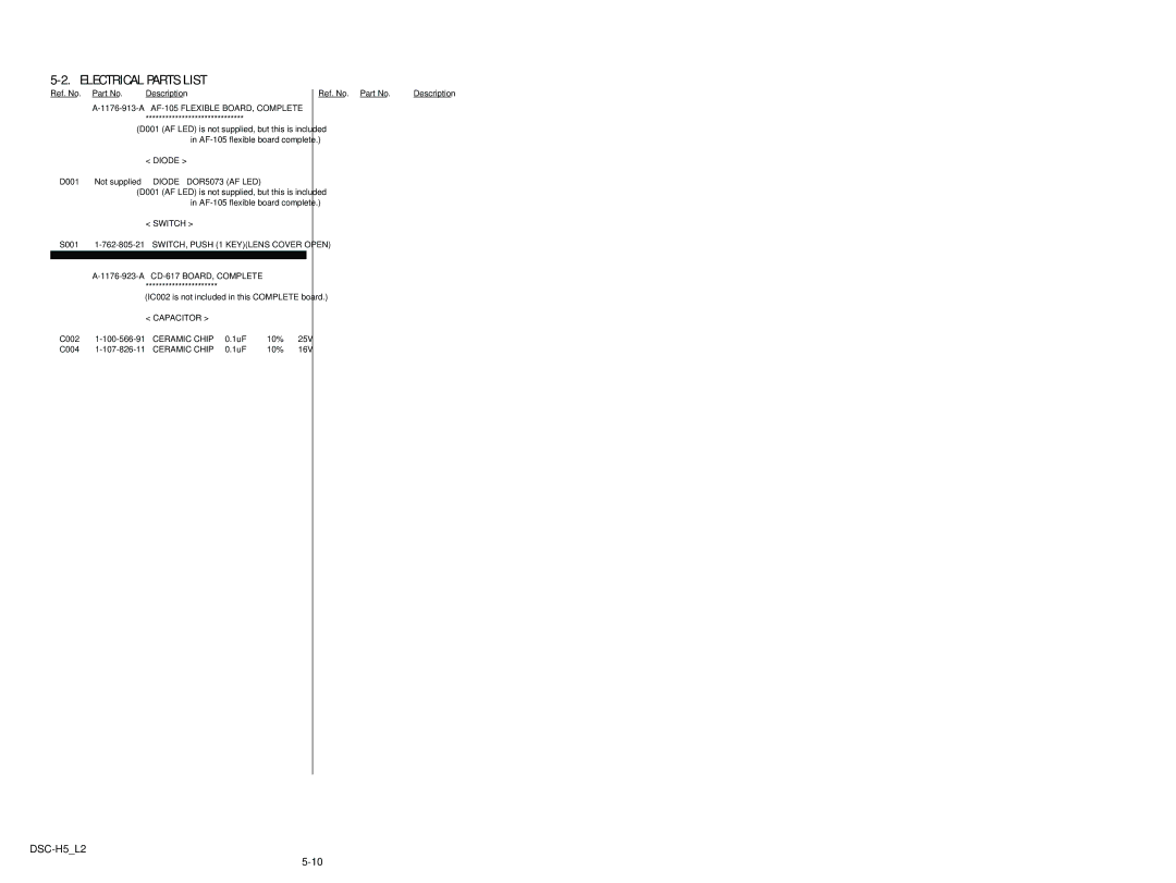 Sony DSCH5B service manual Electrical Parts List 