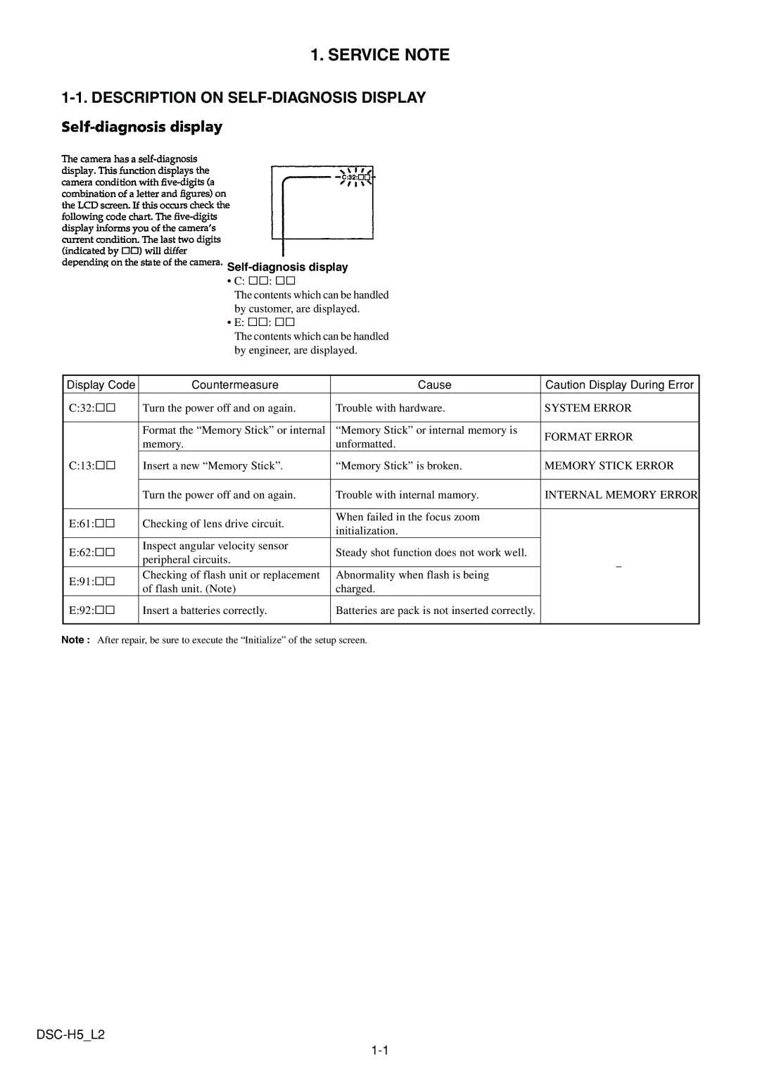 Sony DSCH5B service manual Service Note, Description on SELF-DIAGNOSIS Display 