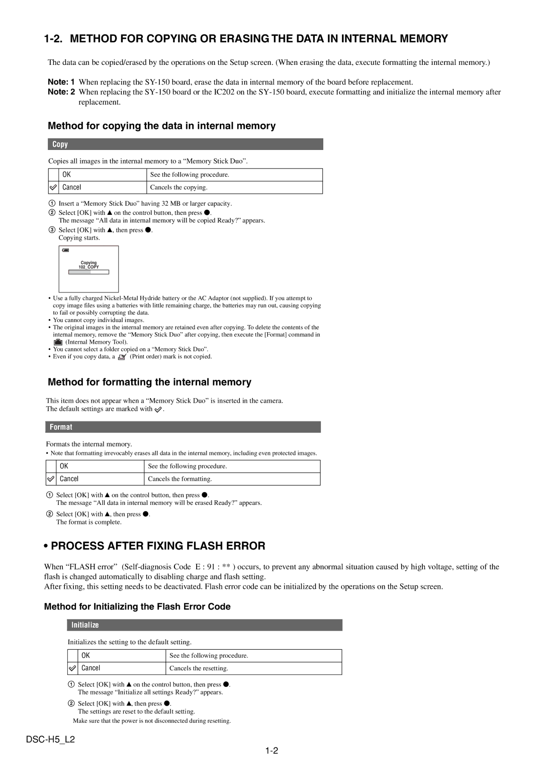 Sony DSCH5B service manual Method for Copying or Erasing the Data in Internal Memory, Process After Fixing Flash Error 