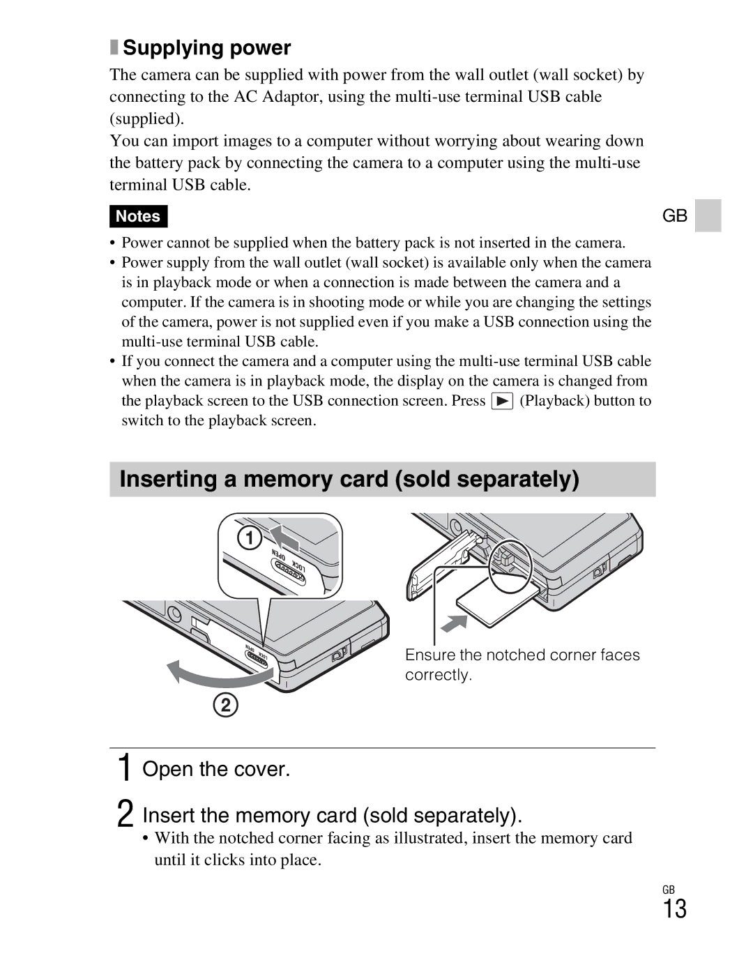 Sony DSCTX100VR Inserting a memory card sold separately, Supplying power, Ensure the notched corner faces correctly 