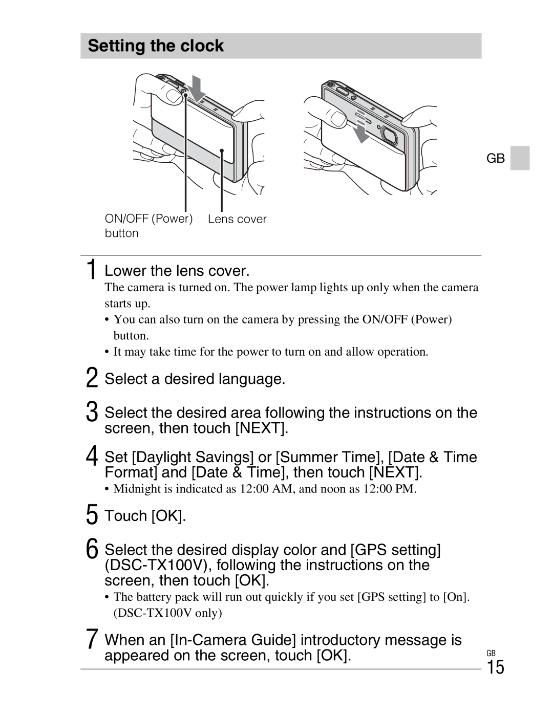 Sony DSCTX100VR, DSCTX100VB instruction manual Setting the clock, Lower the lens cover, ON/OFF Power Lens cover button 