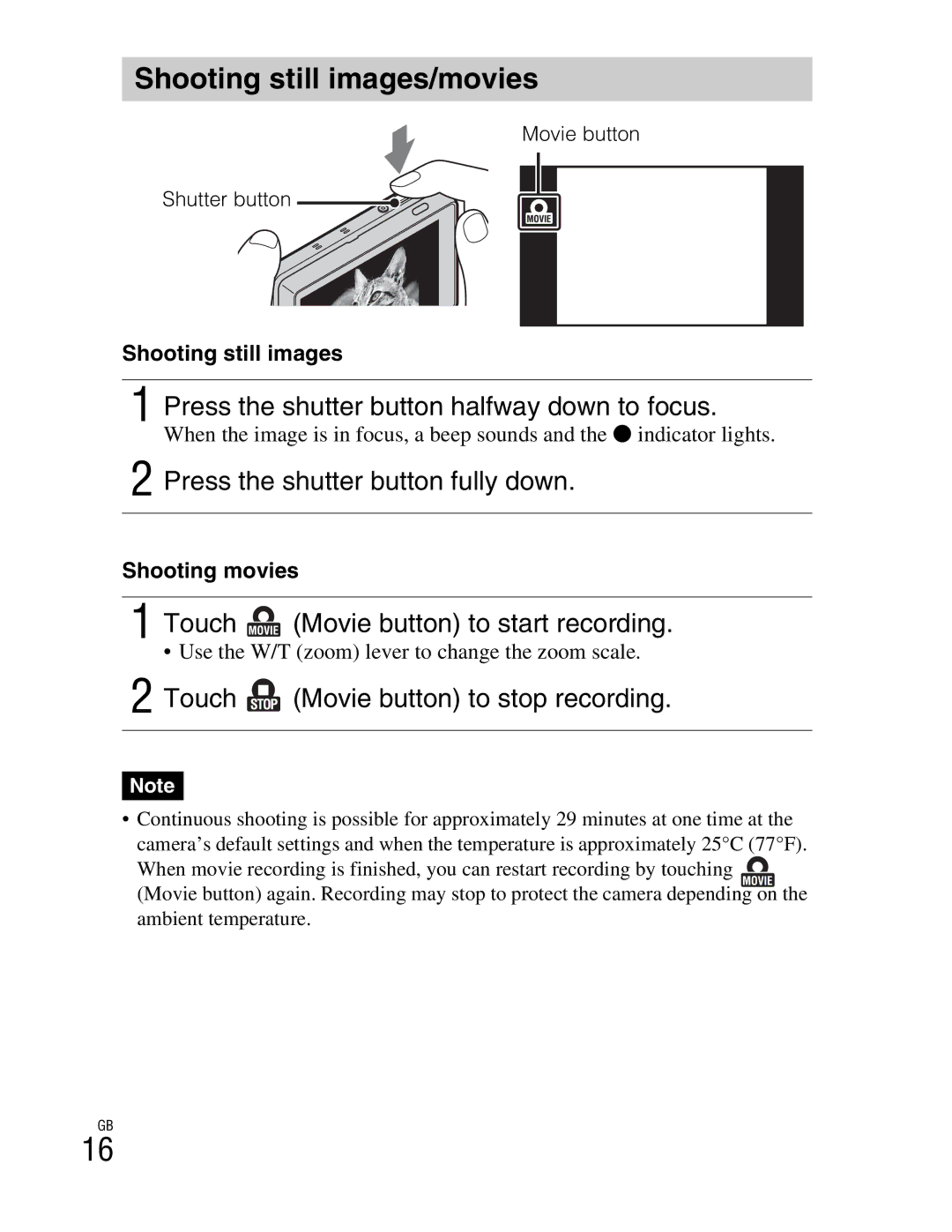 Sony DSCTX100VB, DSCTX100VR instruction manual Shooting still images/movies, Press the shutter button halfway down to focus 