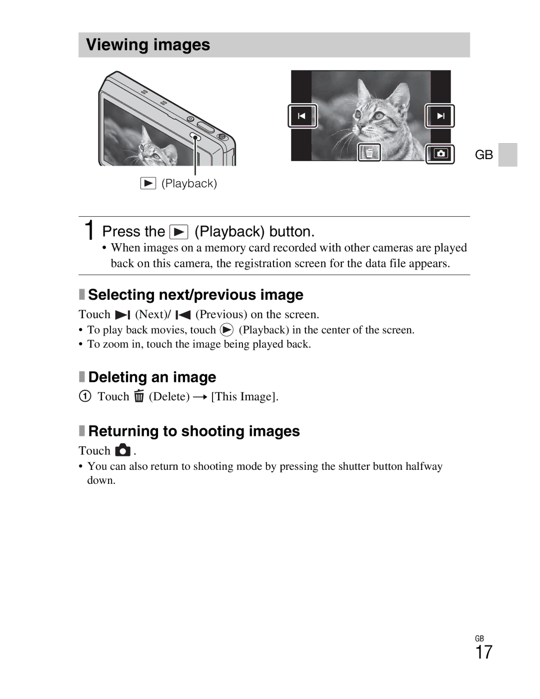 Sony DSCTX100VR, DSCTX100VB Viewing images, Press the Playback button, Selecting next/previous image, Deleting an image 