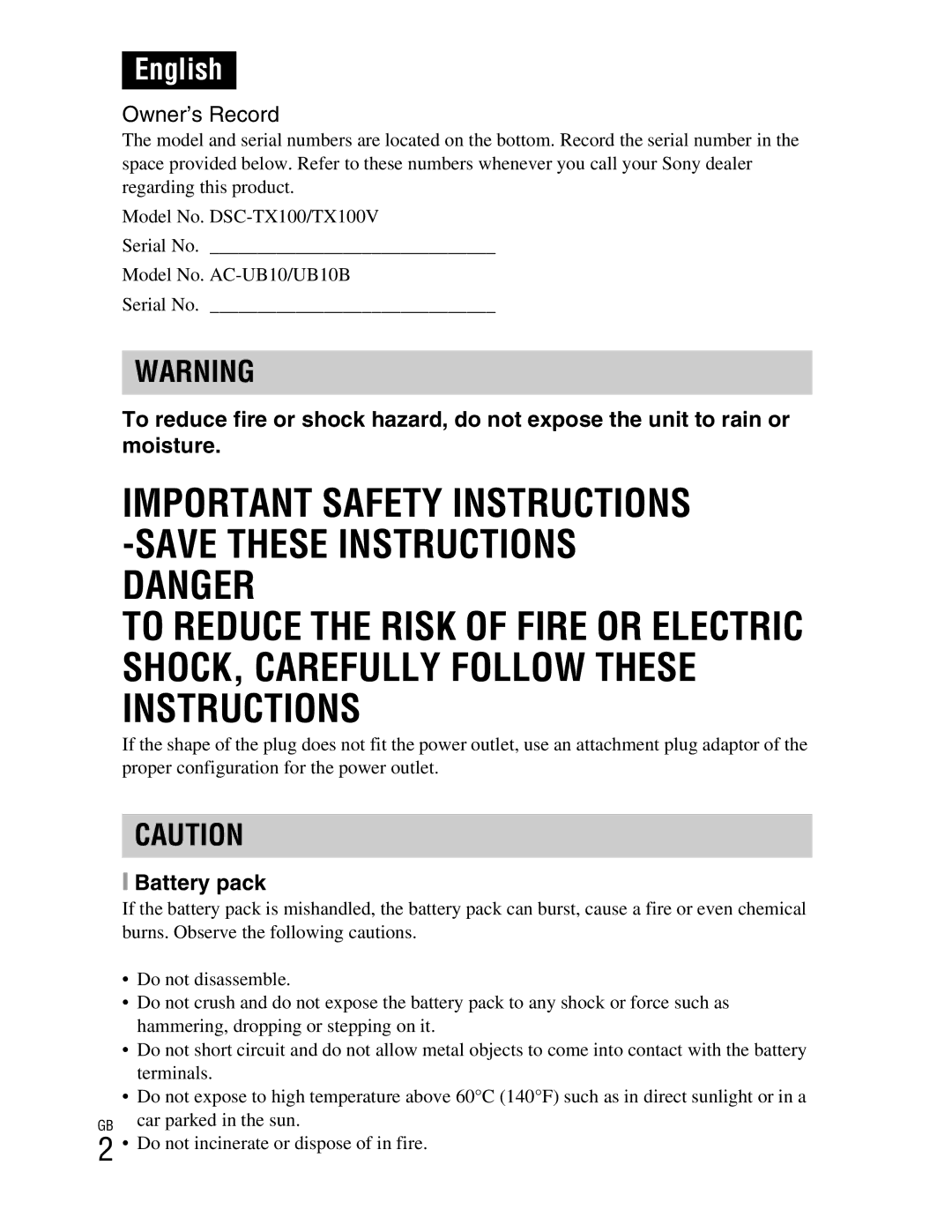 Sony DSCTX100VB, DSCTX100VR instruction manual English, Battery pack 