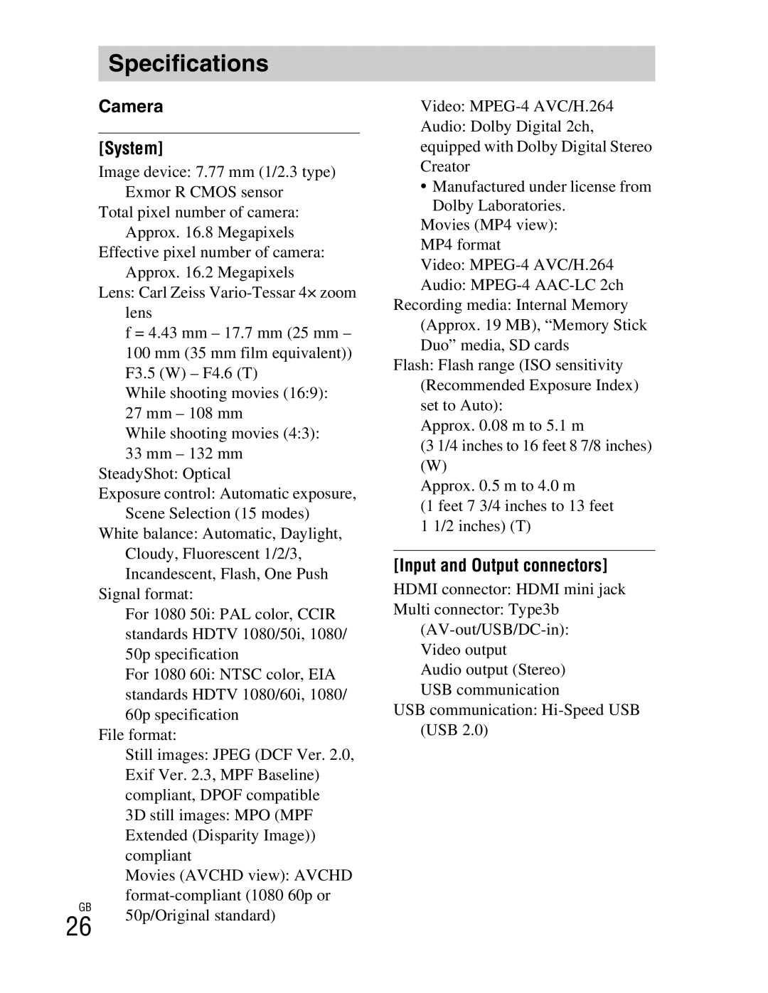 Sony DSCTX100VB, DSCTX100VR instruction manual Specifications, Camera System, Input and Output connectors 