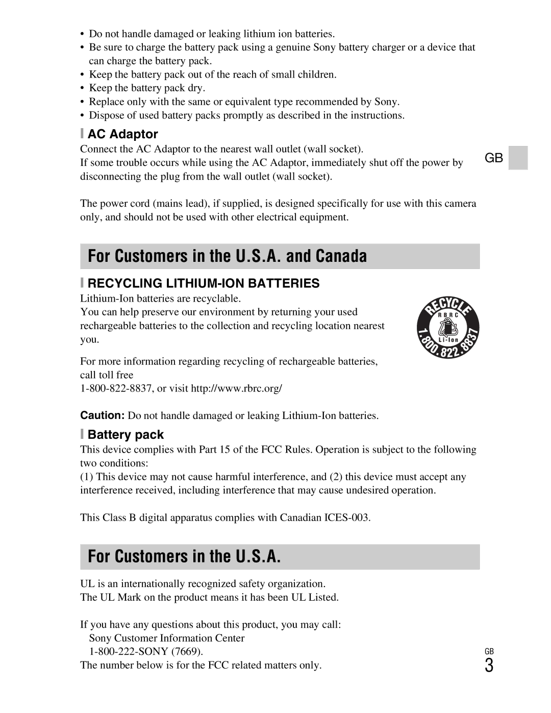 Sony DSCTX100VR, DSCTX100VB instruction manual For Customers in the U.S.A. and Canada, AC Adaptor 