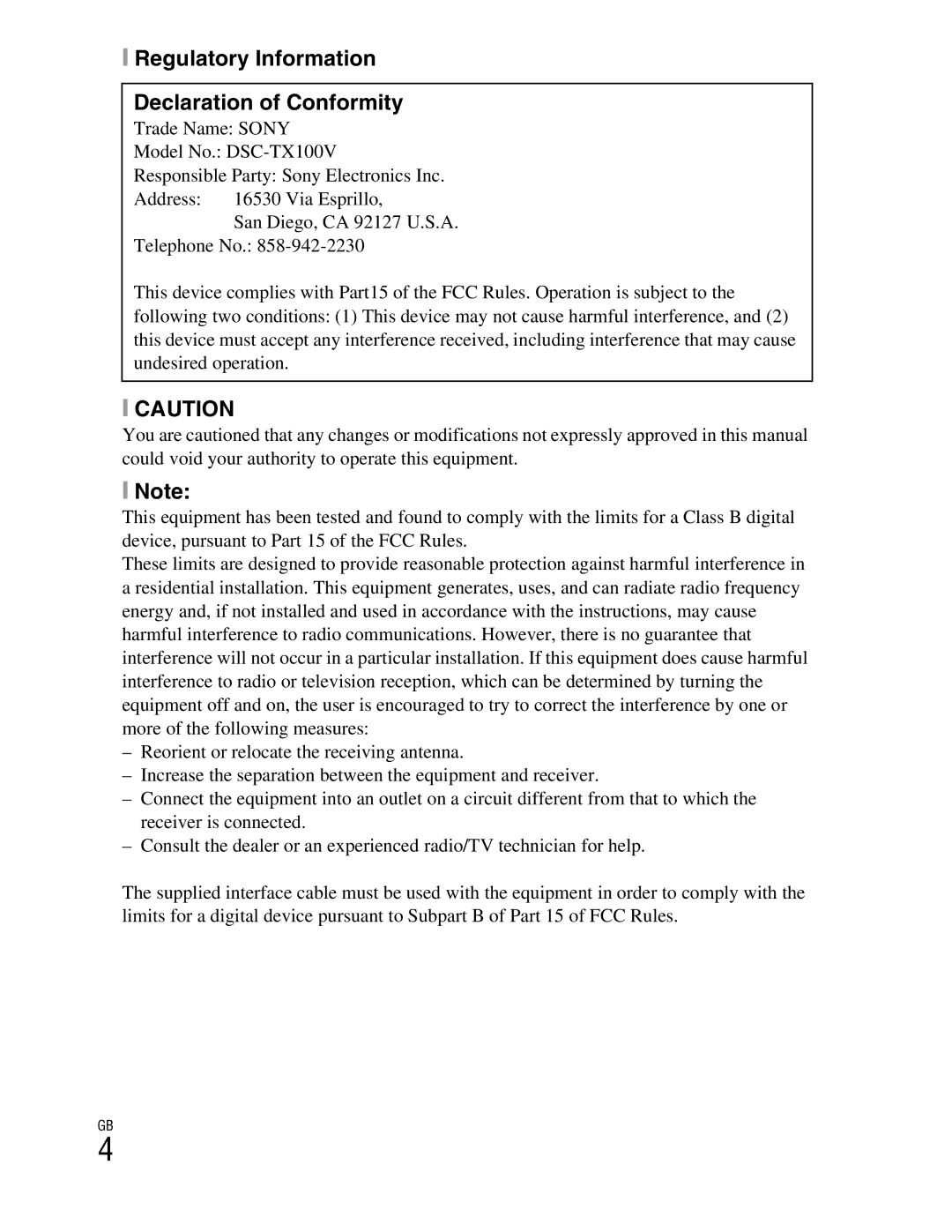 Sony DSCTX100VB, DSCTX100VR instruction manual Regulatory Information Declaration of Conformity 