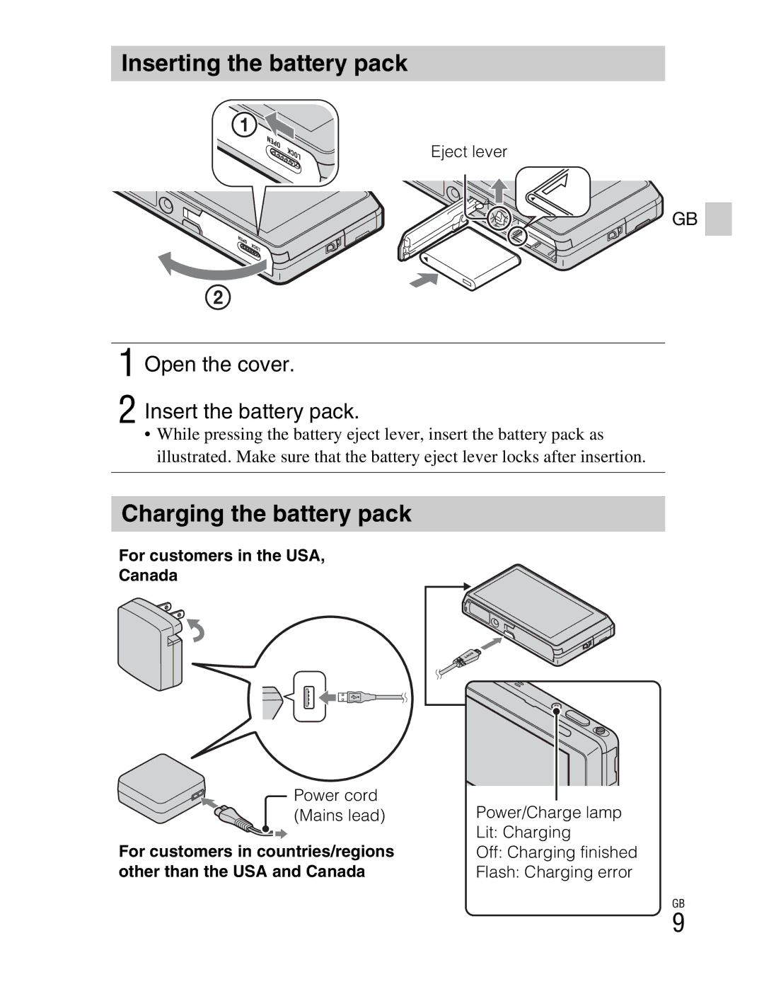 Sony DSCTX100VR Inserting the battery pack, Charging the battery pack, Open the cover Insert the battery pack, Eject lever 