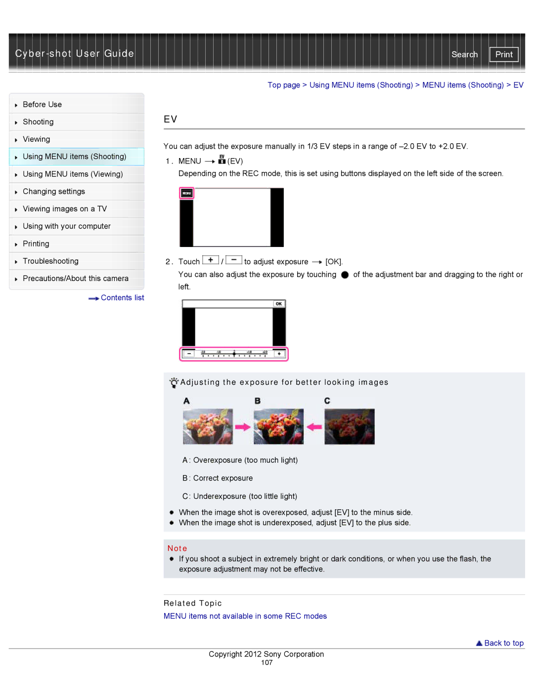 Sony DSC-TX20/D Adjusting the exposure for better looking images, Menu items not available in some REC modes Back to top 