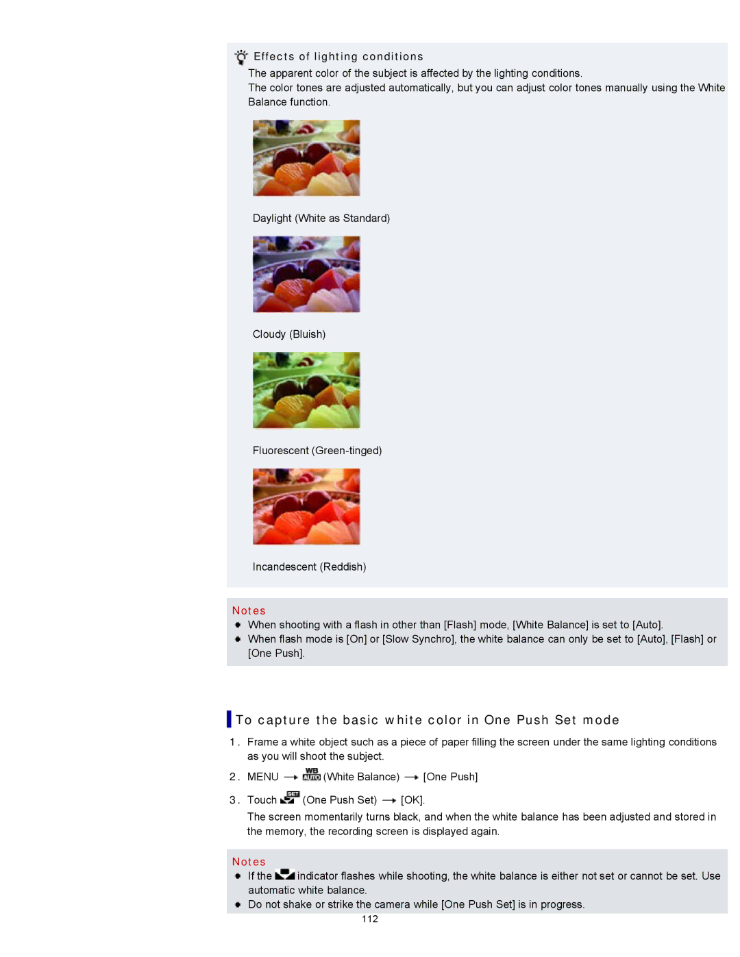 Sony DSCTX20, DSC-TX20/D manual To capture the basic white color in One Push Set mode, Effects of lighting conditions 