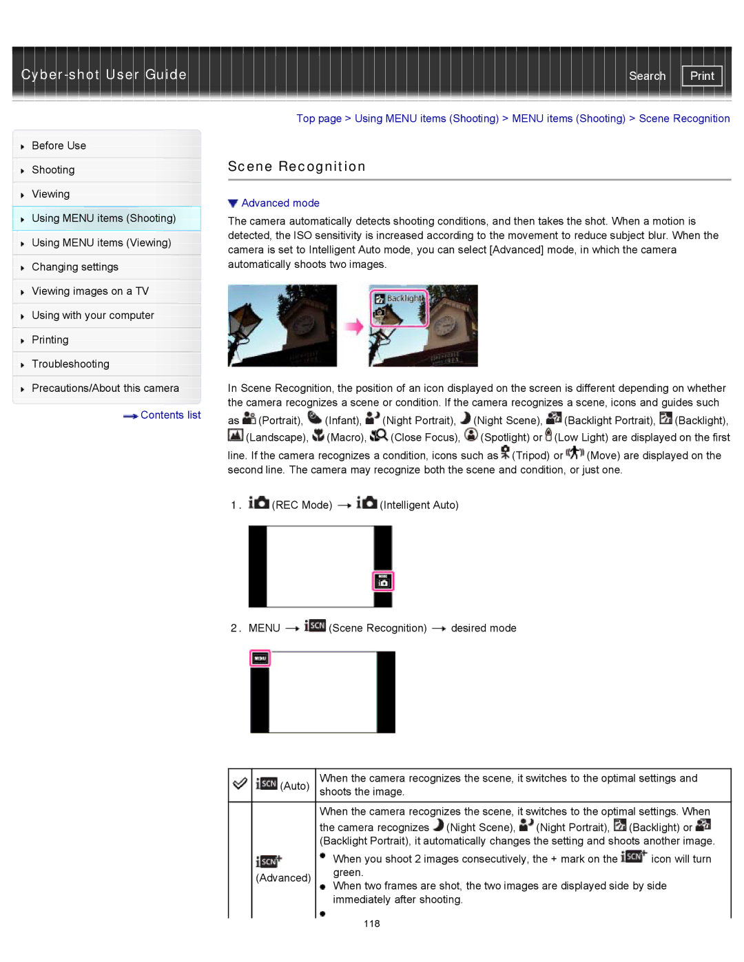 Sony DSCTX20, DSC-TX20/D manual Scene Recognition, Advanced mode 