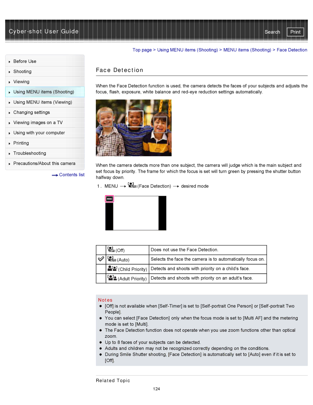 Sony DSCTX20, DSC-TX20/D manual Face Detection, Contents list 