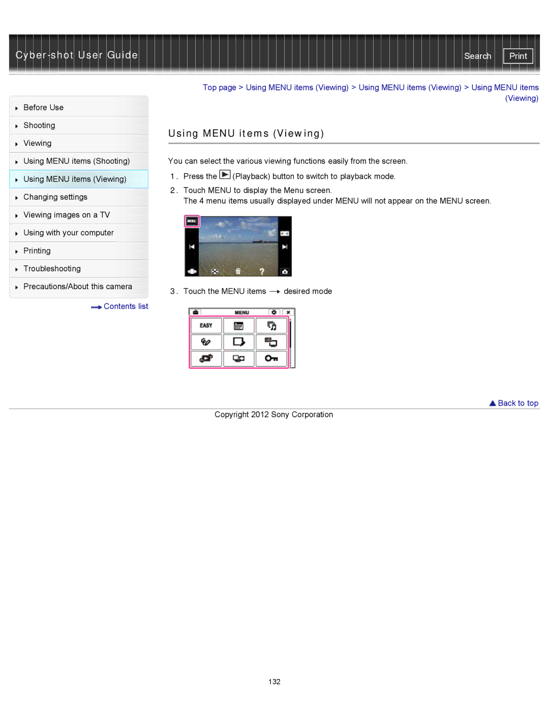 Sony DSCTX20, DSC-TX20/D manual Using Menu items Viewing, Contents list 