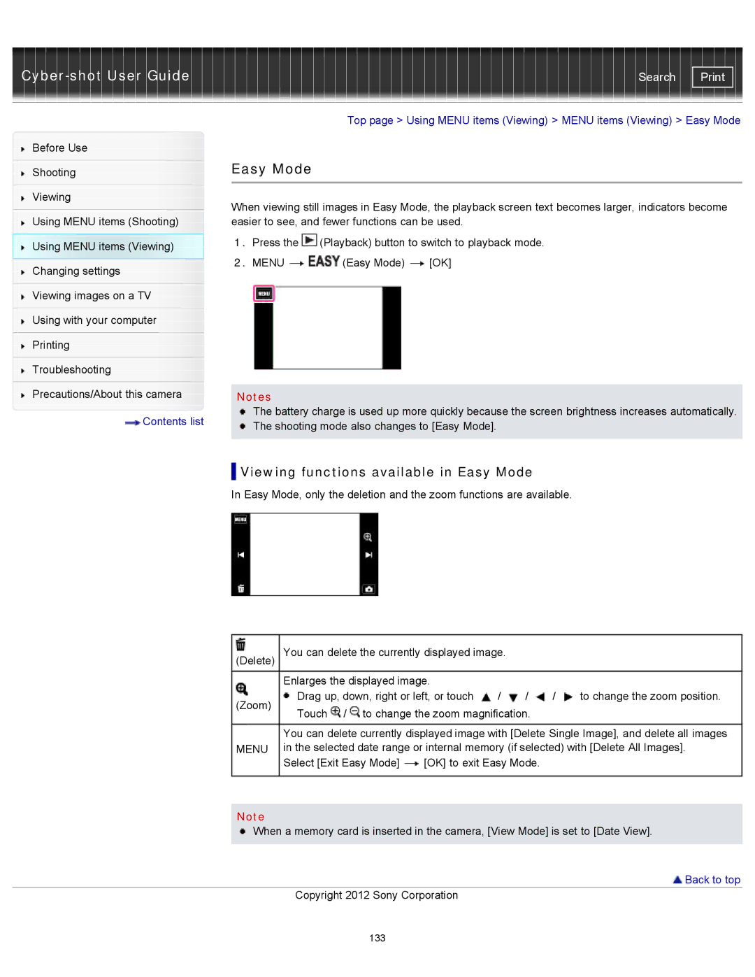 Sony DSC-TX20/D, DSCTX20 manual Viewing functions available in Easy Mode 