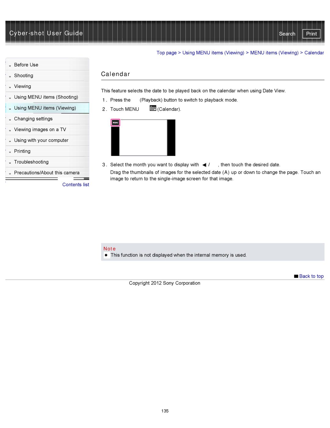 Sony DSC-TX20/D, DSCTX20 manual Calendar 