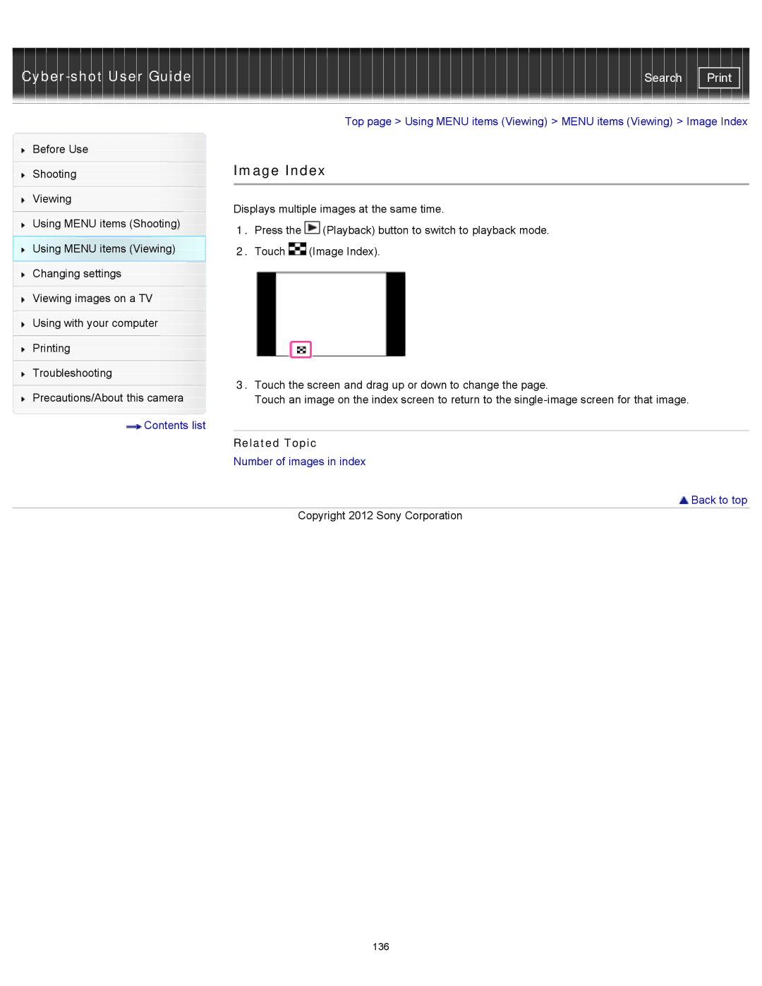 Sony DSCTX20, DSC-TX20/D manual Image Index, Number of images in index Back to top 