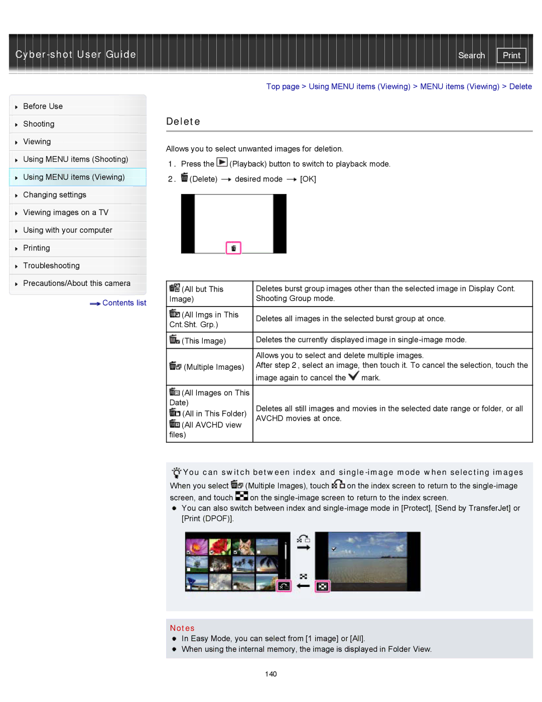 Sony DSCTX20, DSC-TX20/D manual Top page Using Menu items Viewing Menu items Viewing Delete 