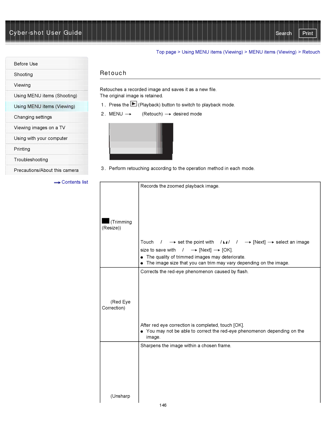 Sony DSCTX20, DSC-TX20/D manual Top page Using Menu items Viewing Menu items Viewing Retouch 