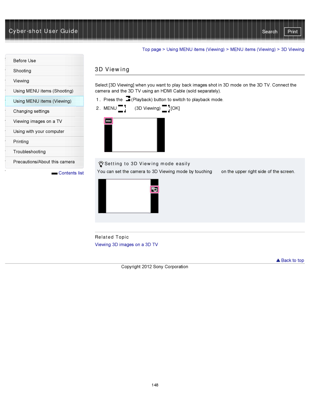 Sony DSCTX20, DSC-TX20/D manual Setting to 3D Viewing mode easily, Viewing 3D images on a 3D TV Back to top 