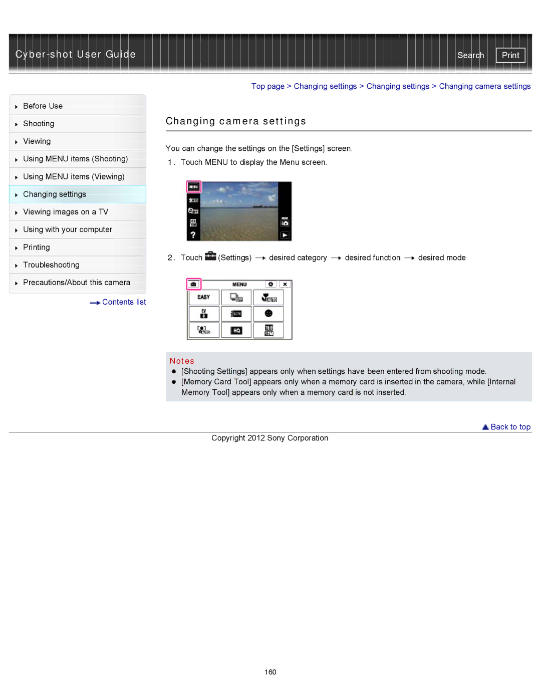 Sony DSCTX20, DSC-TX20/D manual Changing camera settings 