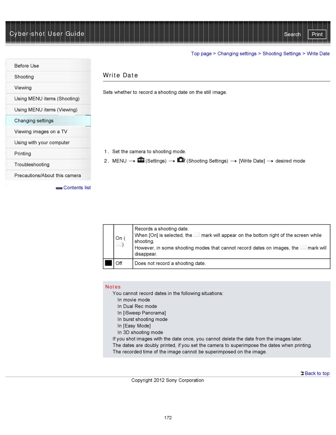 Sony DSCTX20, DSC-TX20/D manual Top page Changing settings Shooting Settings Write Date 