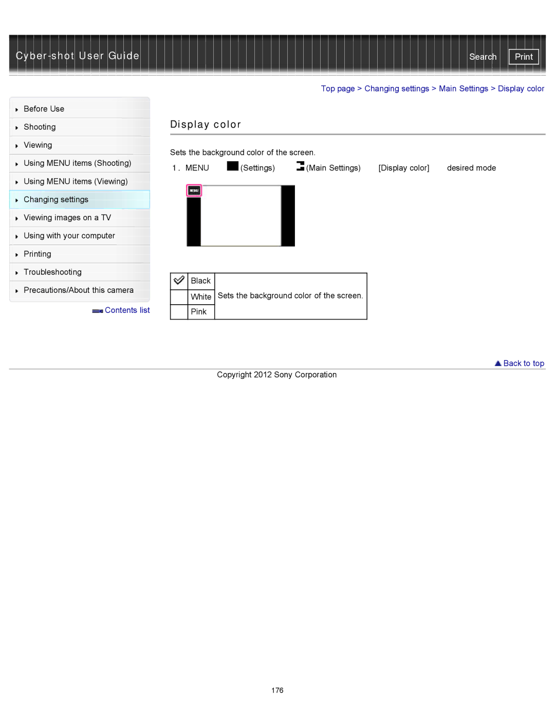 Sony DSCTX20, DSC-TX20/D manual Top page Changing settings Main Settings Display color 