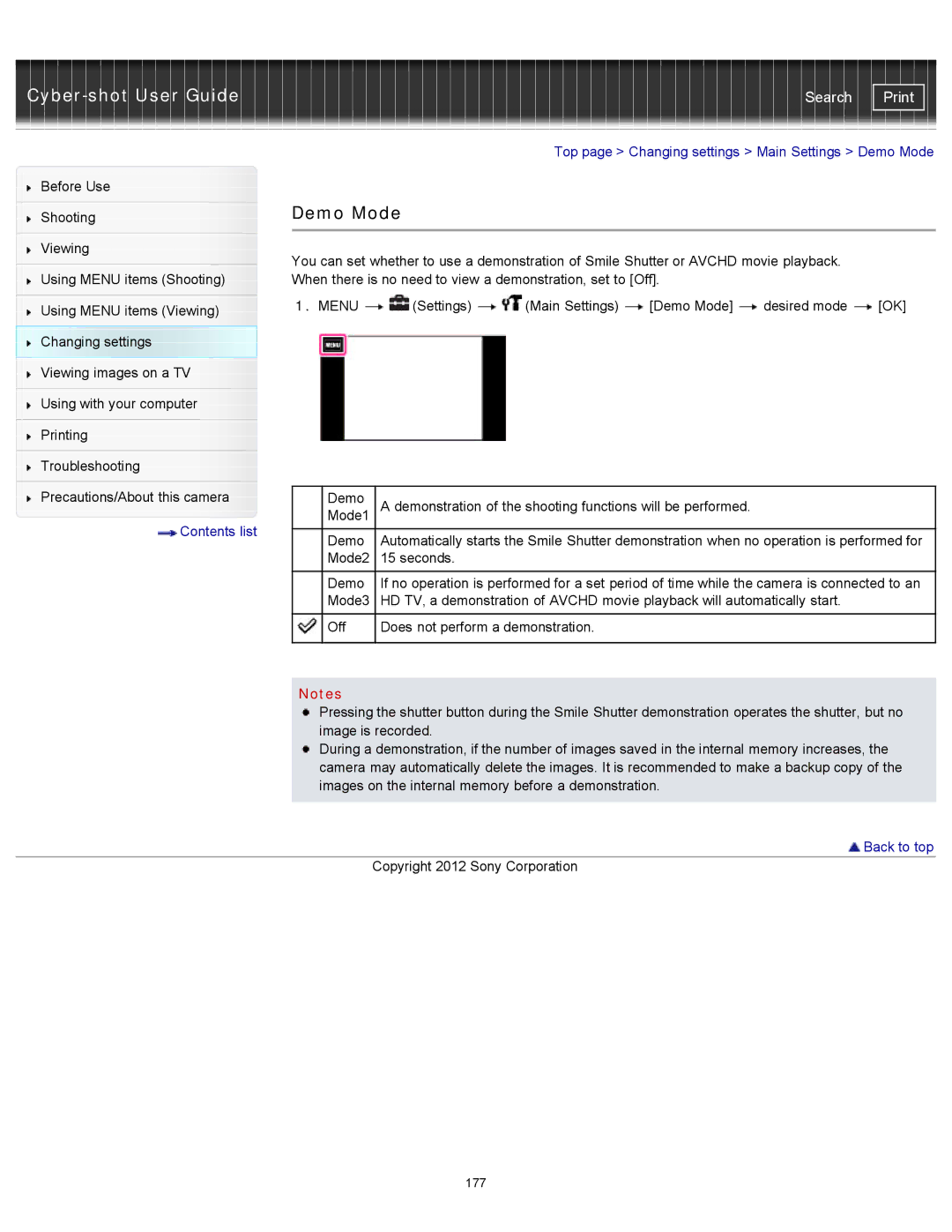 Sony DSC-TX20/D, DSCTX20 manual Top page Changing settings Main Settings Demo Mode 