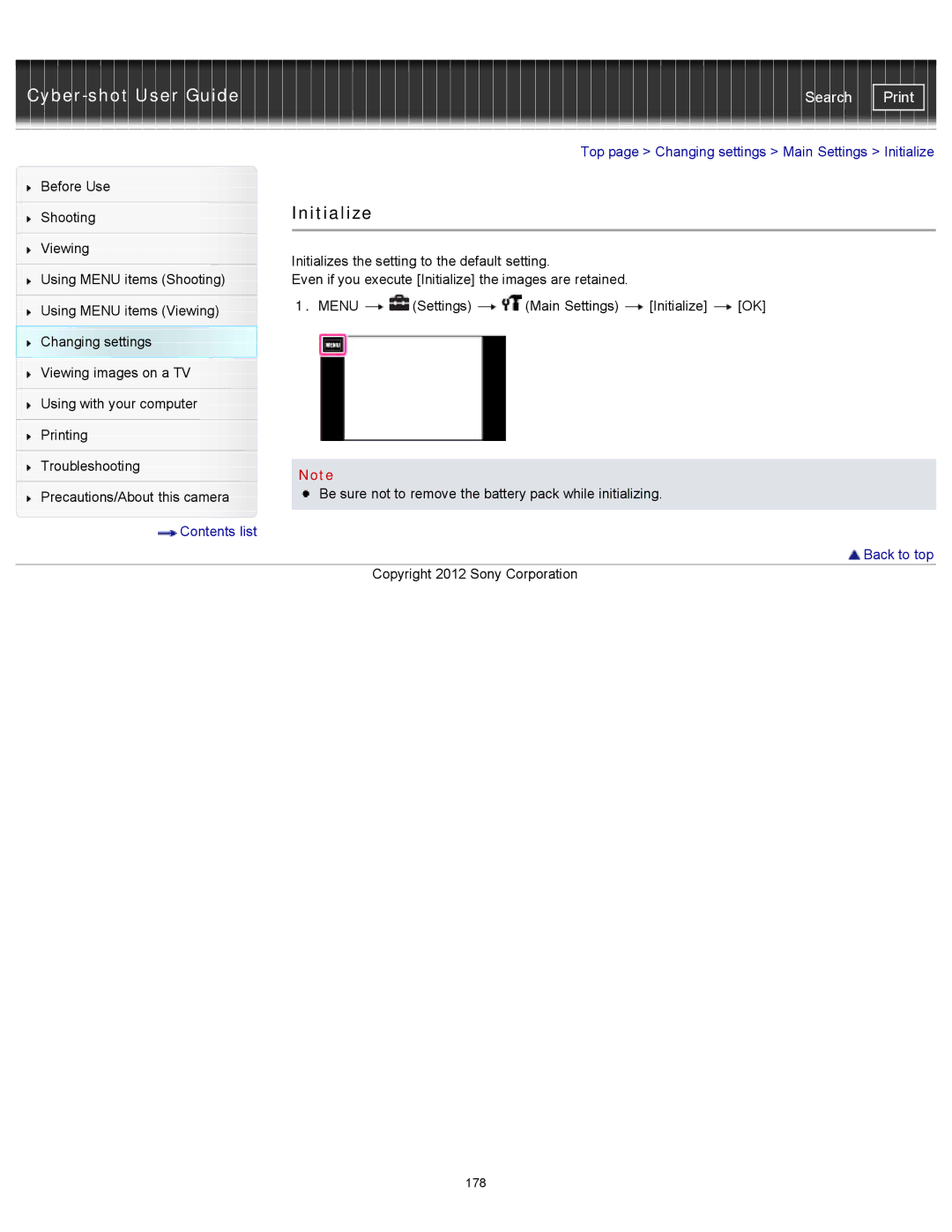 Sony DSCTX20, DSC-TX20/D manual Initialize, Contents list Back to top 