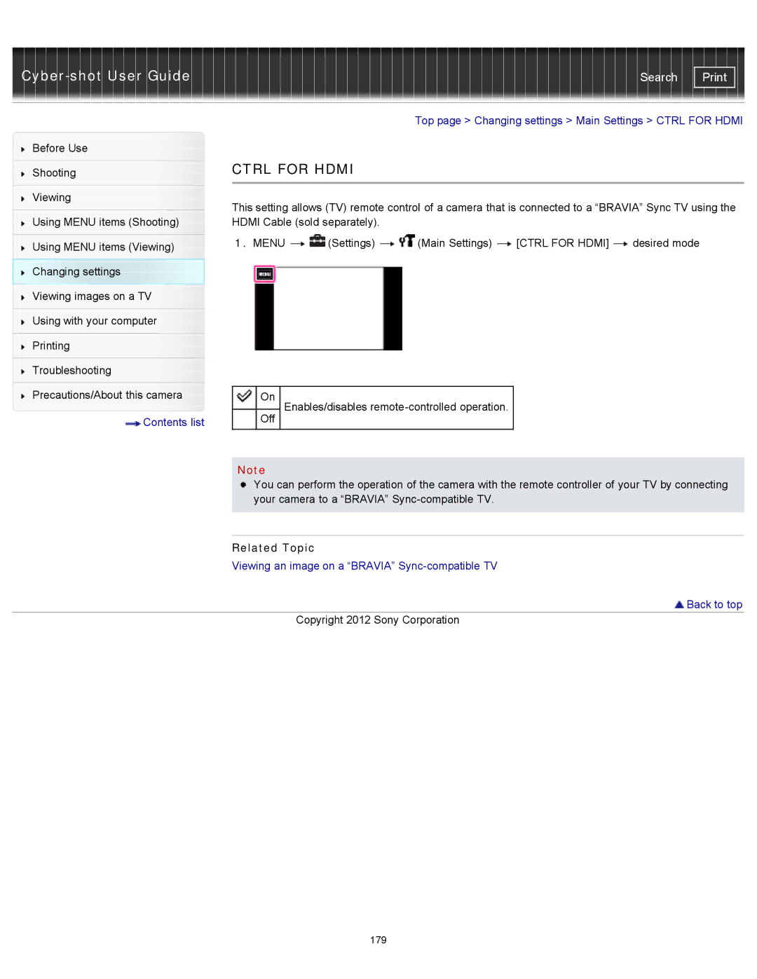 Sony DSC-TX20/D, DSCTX20 manual Top page Changing settings Main Settings Ctrl for Hdmi 