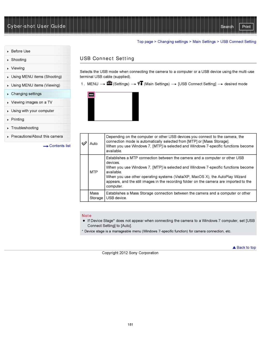 Sony DSC-TX20/D, DSCTX20 manual Top page Changing settings Main Settings USB Connect Setting 