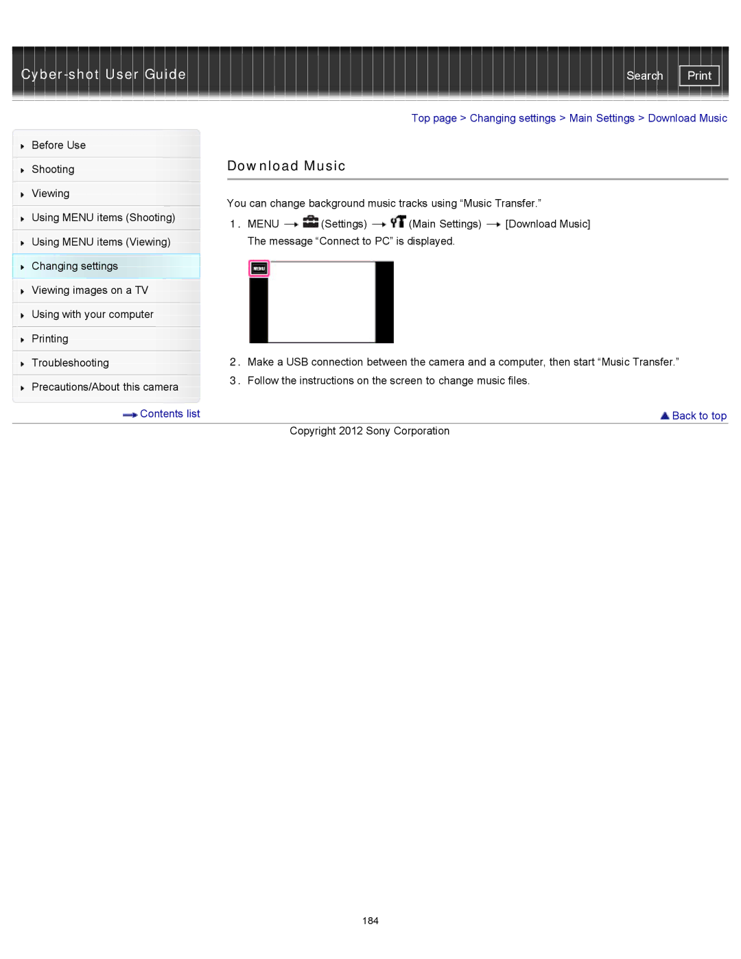 Sony DSCTX20, DSC-TX20/D manual Top page Changing settings Main Settings Download Music 