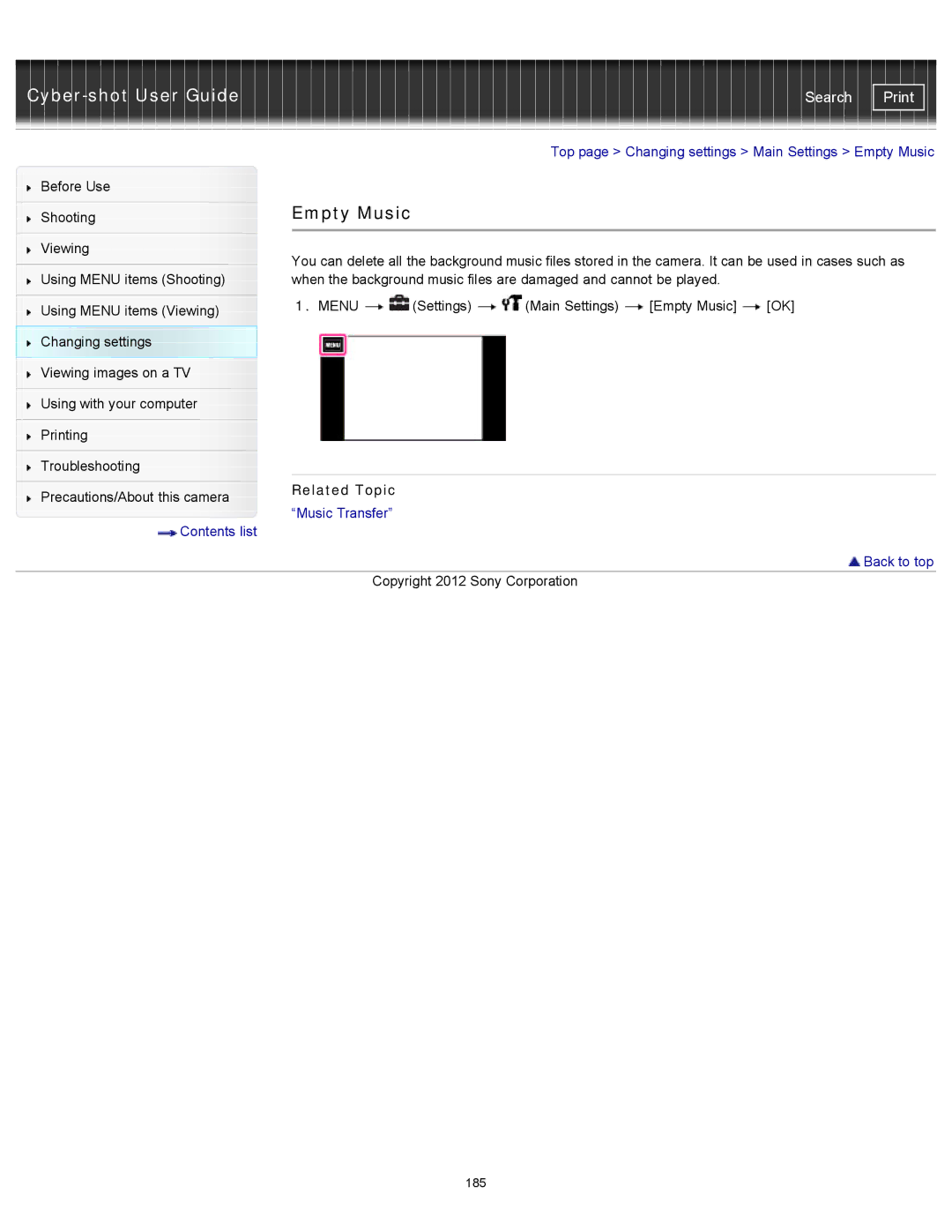 Sony DSC-TX20/D, DSCTX20 manual Empty Music, Music Transfer, Contents list Back to top Copyright 2012 Sony Corporation 